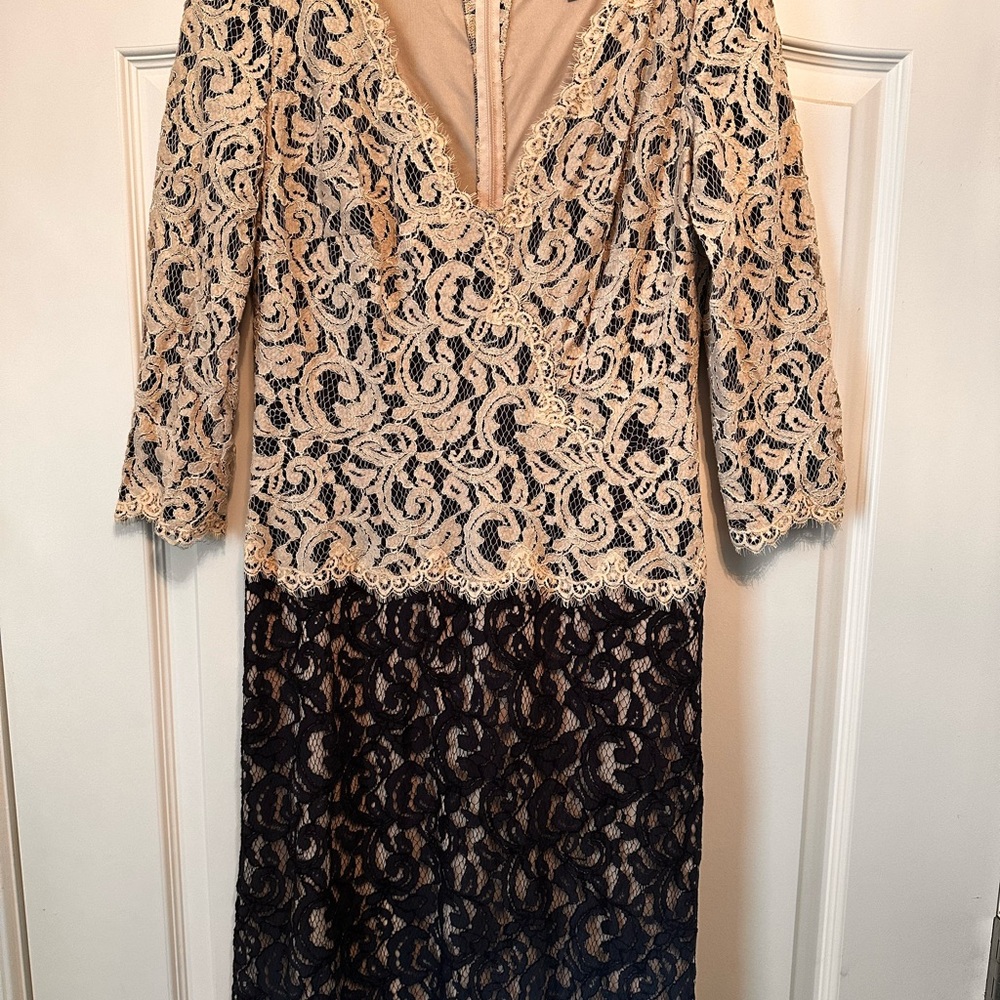 Tadashi Shoji Gown Ivory Lace with Navy LaceSize 12, 3/4 Sleeve Never altered